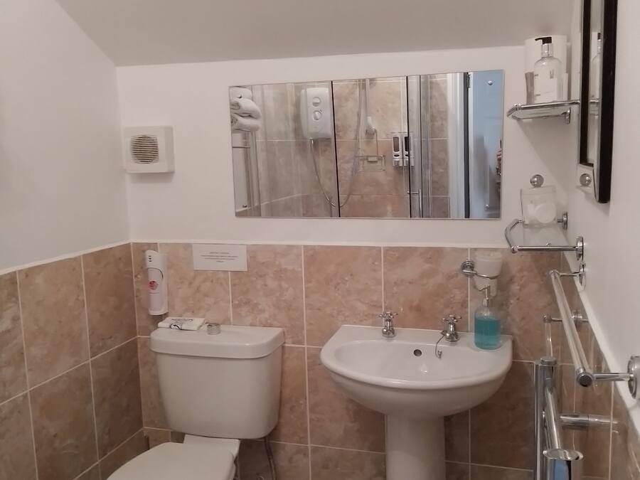 A bathroom with a toilet, sink, and shower.