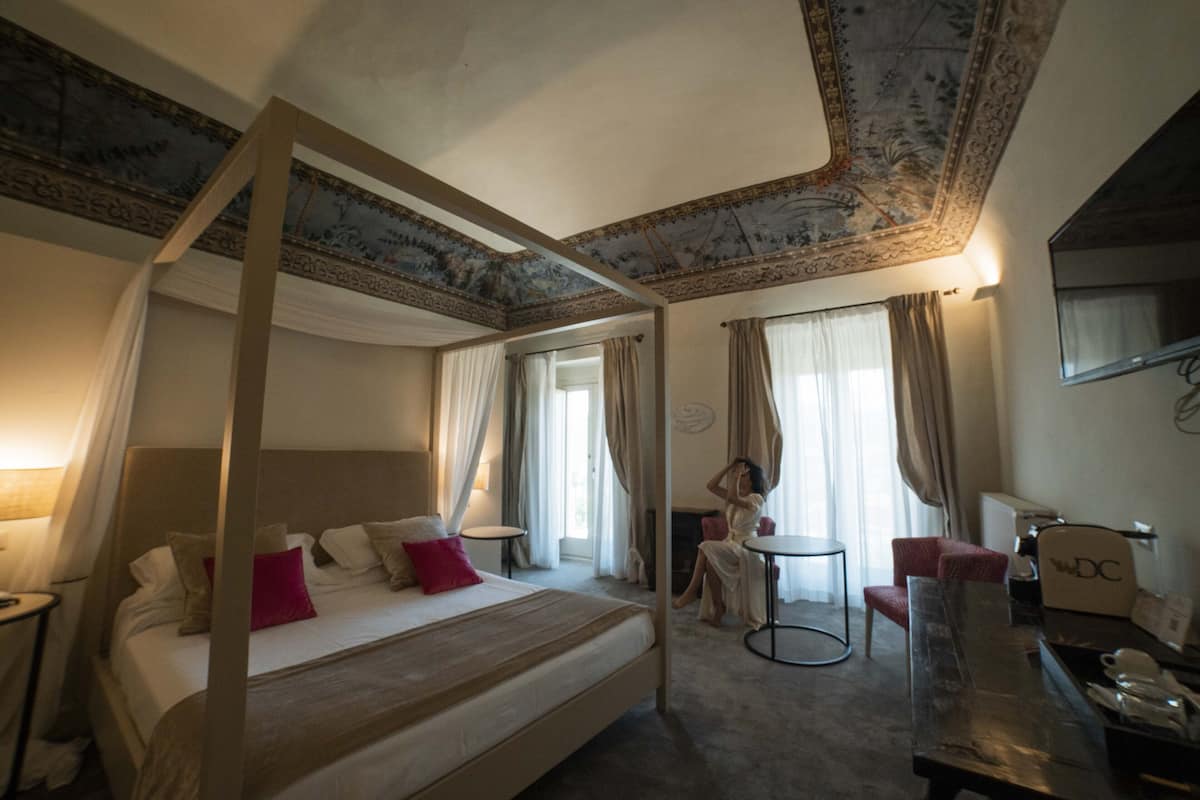 Ein Bett mit Baldachin, ein Schreibtisch, ein Stuhl und ein Fernseher.