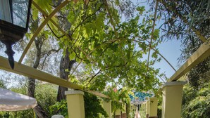 Un jardín con una fuente, una estatua y un camino de ladrillo.
