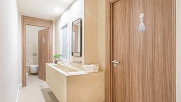 Une salle de bain moderne avec un meuble-lavabo en bois, un grand miroir et des toilettes visibles au fond.