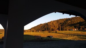 A rural landscape with a hill, a fenced field, and a few cows grazing. - Pousada Abraco Serrano (Urubici)
