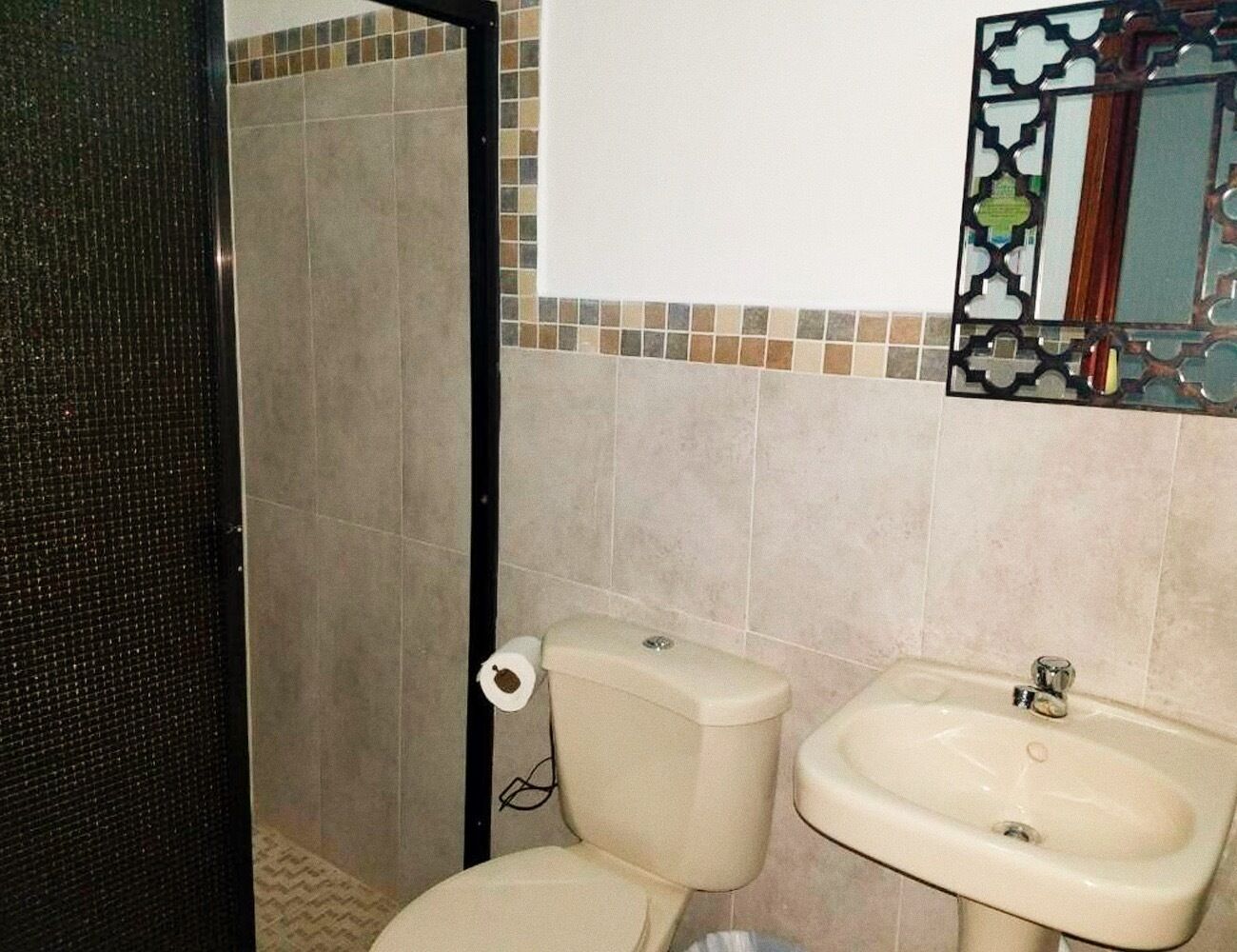Een badkamer met toilet, wastafel en douche.