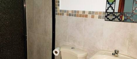 Un baño con inodoro, lavamanos y zona de ducha.