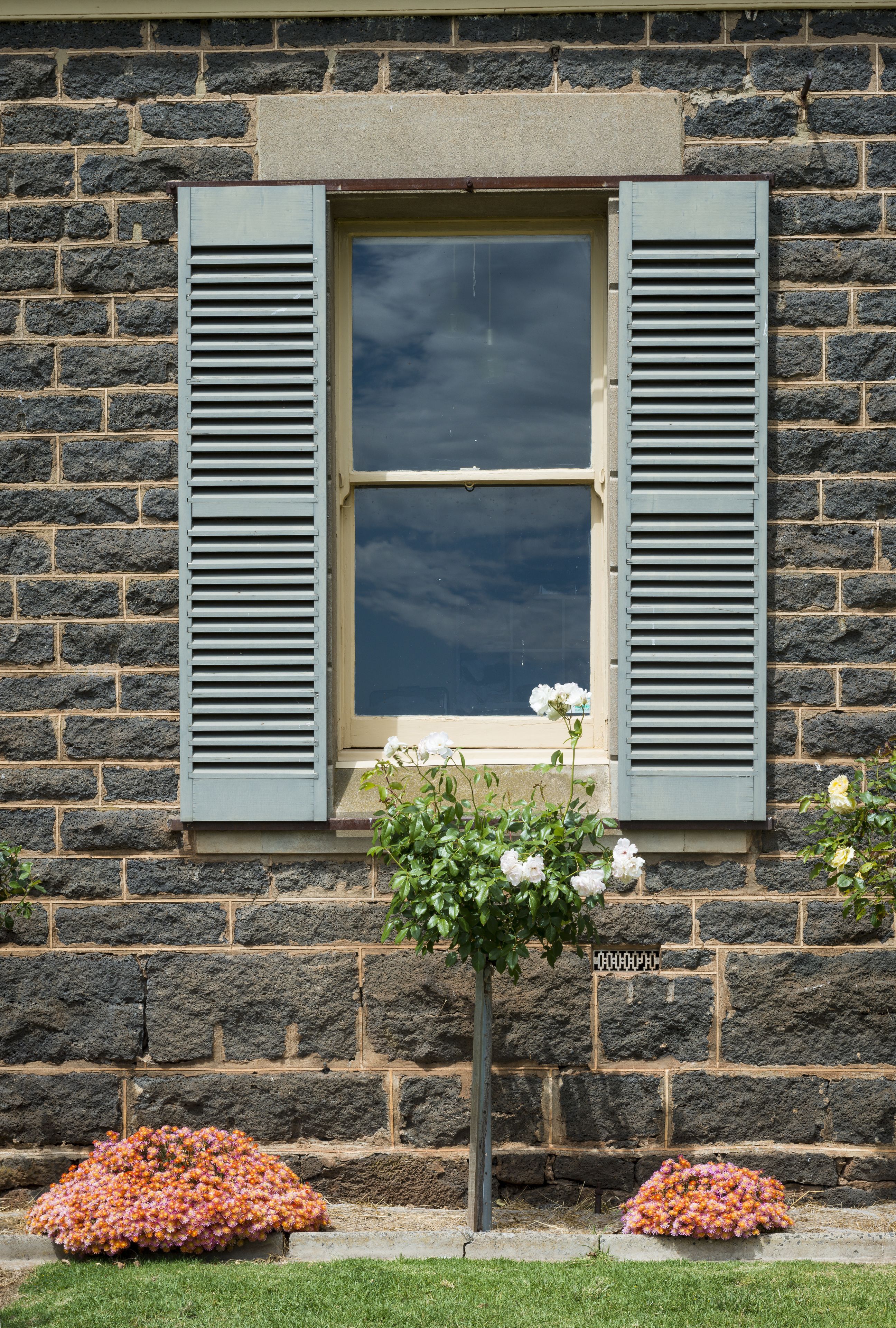 A stone building with a window and shutters, a small tree with flowers, and a flower bed.