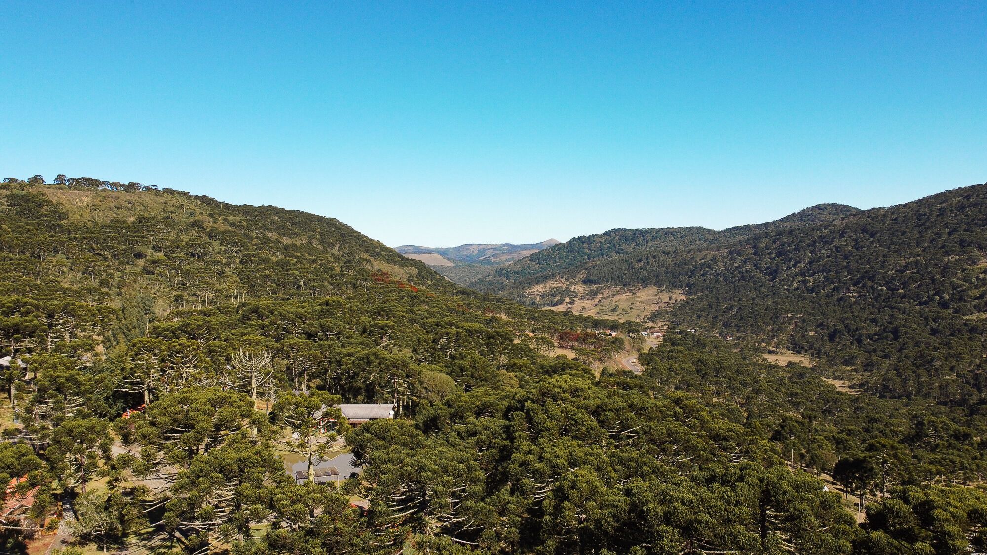 Un paysage montagneux, avec une forêt dense et un petit bâtiment au premier plan.