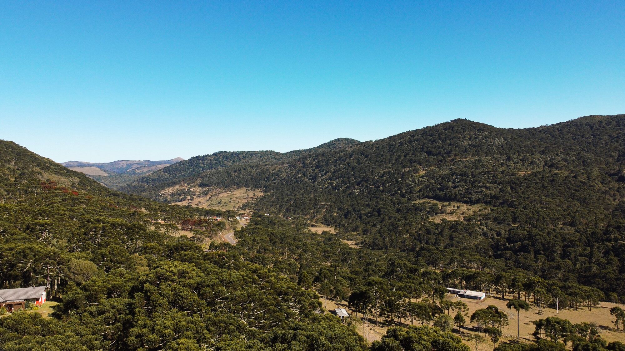 A mountainous landscape with dense forests and scattered buildings.