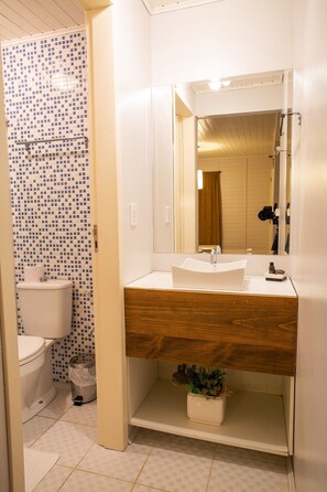 Chalet Deluxe | Baño | Amenidades de baño gratuitas, secadora de cabello, toallas
