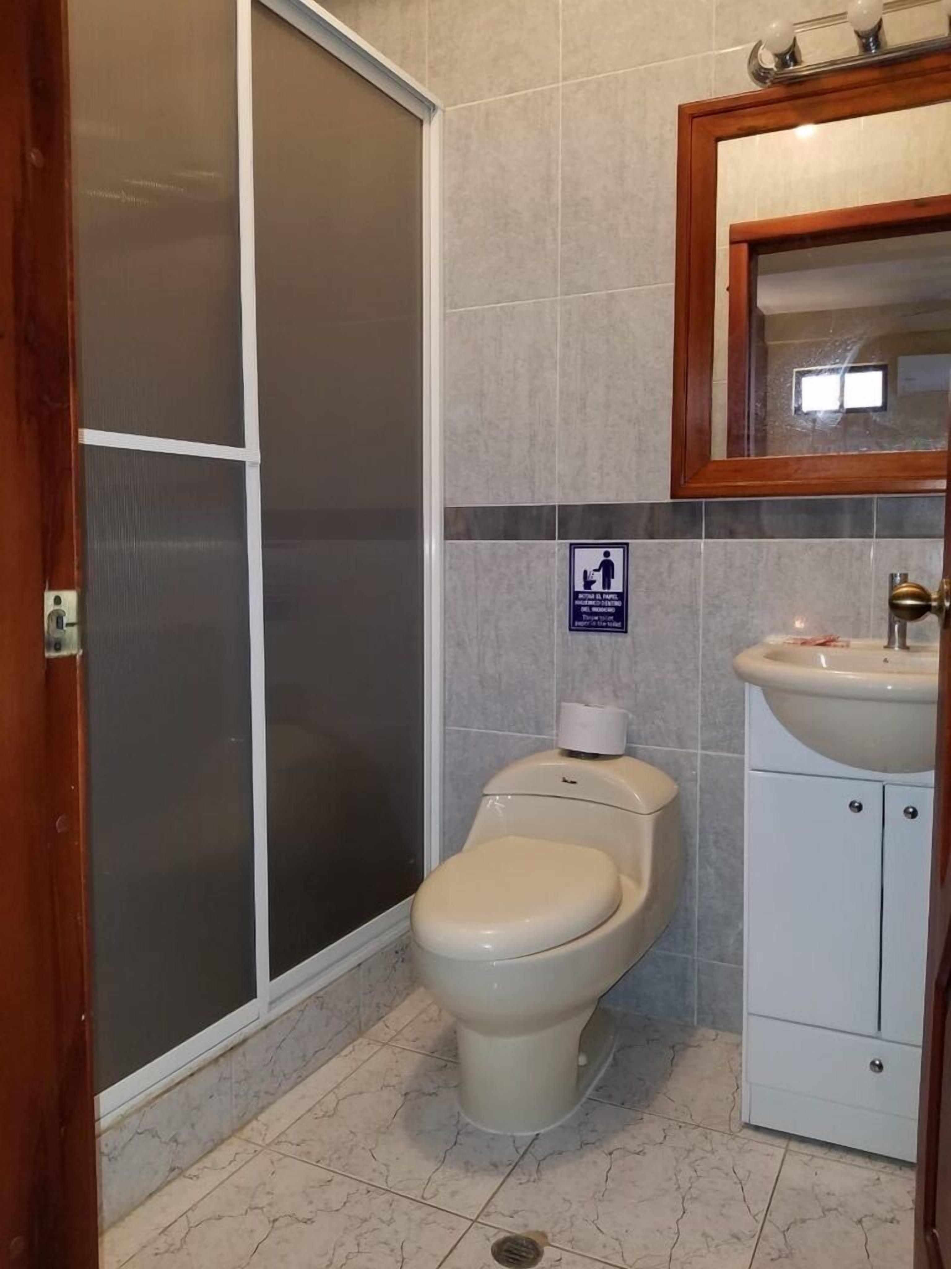 A bathroom with a toilet, a sink, and a mirror.