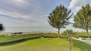 A well-maintained lawn with a bench, a palm tree, and a view of the sea.