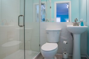 Shower, eco-friendly toiletries, hair dryer, towels