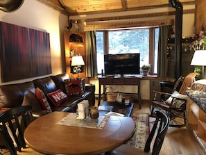 Smart TV, fireplace, DVD player, stereo