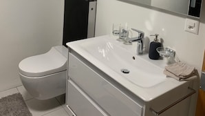 A modern bathroom with a white sink, a toilet, and a mirror. - Superior Family Apartment in old house  built in 1707 (Laufen-Uhwiesen)