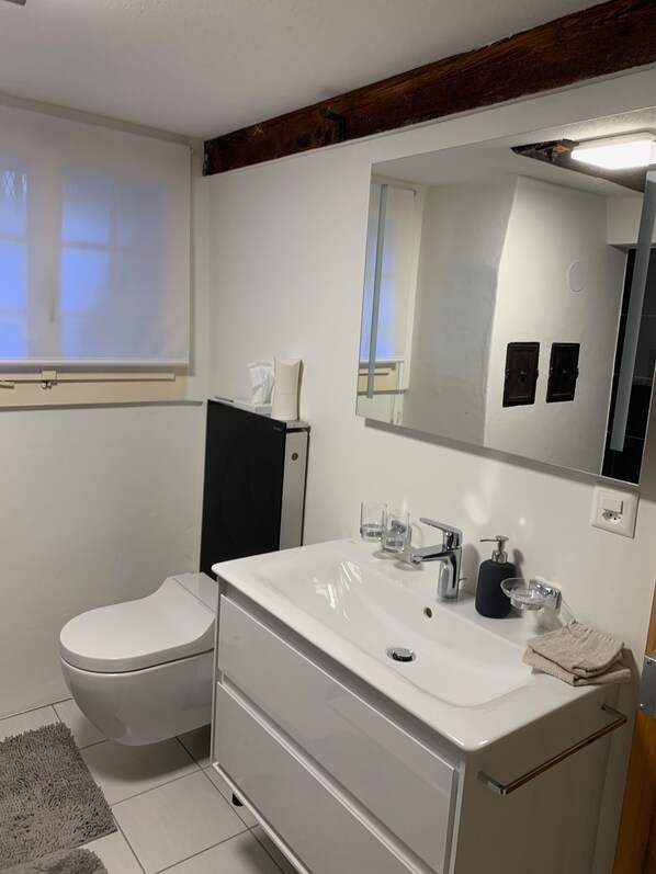 A modern bathroom with a white sink, a toilet, and a mirror.