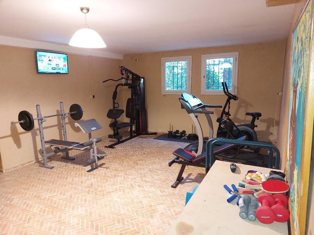 A home gym with exercise equipment, a television, and windows.