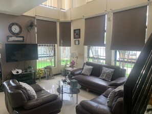 Flat-screen TV, fireplace, DVD player