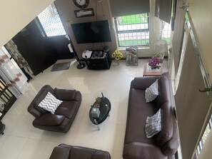 Télévision à écran plat, cheminée, lecteur de DVD