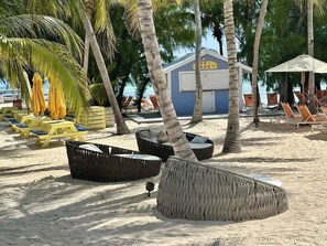 Eine Strandbar mit Außenbereich und Palmen.