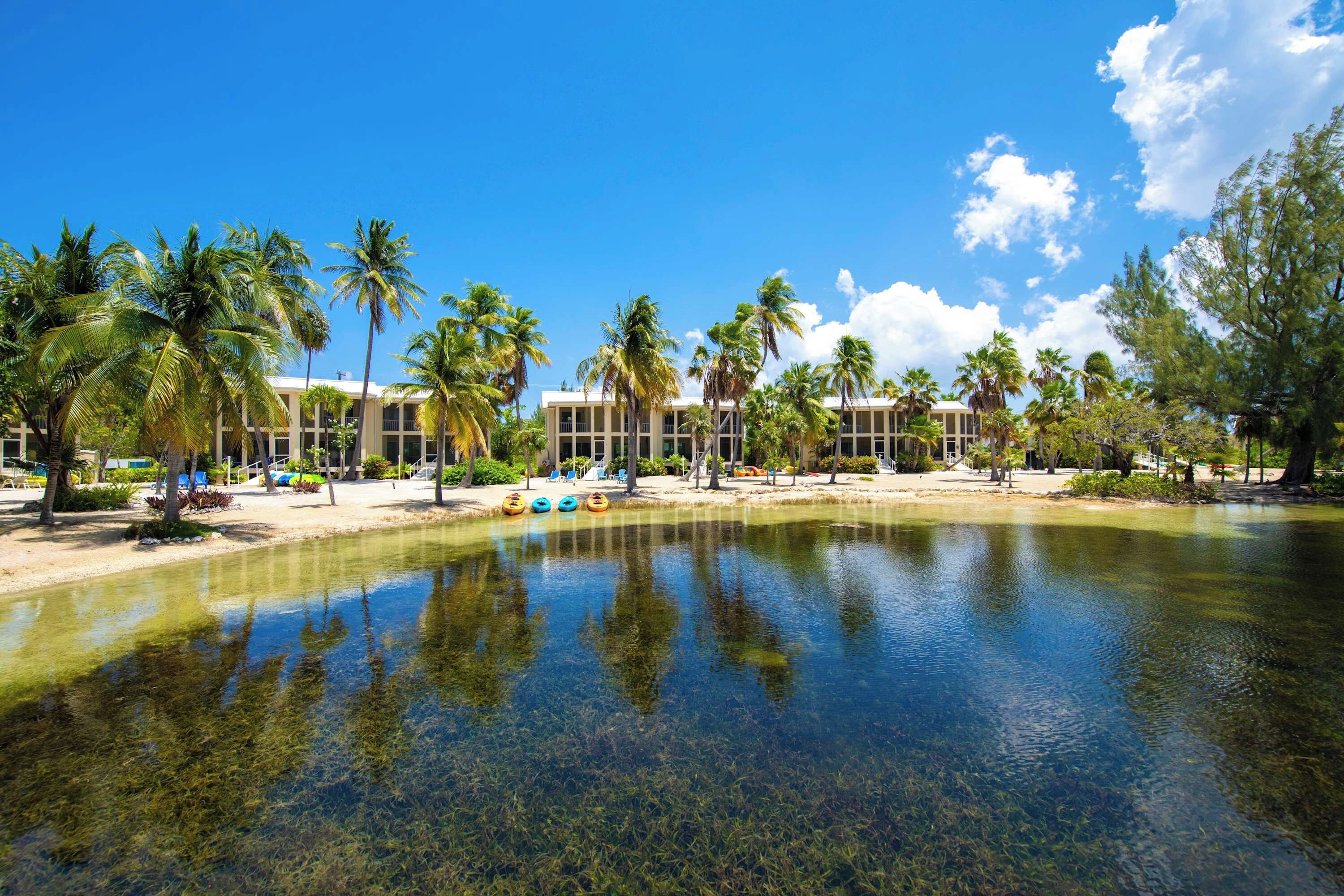 A resort with a clear pool, palm trees, and a building with multiple balconies.