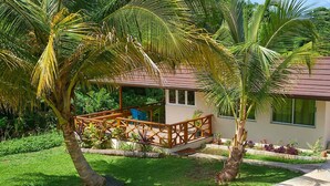 A house with a wooden deck, surrounded by palm trees and a well-maintained lawn. - Eagle's Base Villa & Cottage (Scarborough)