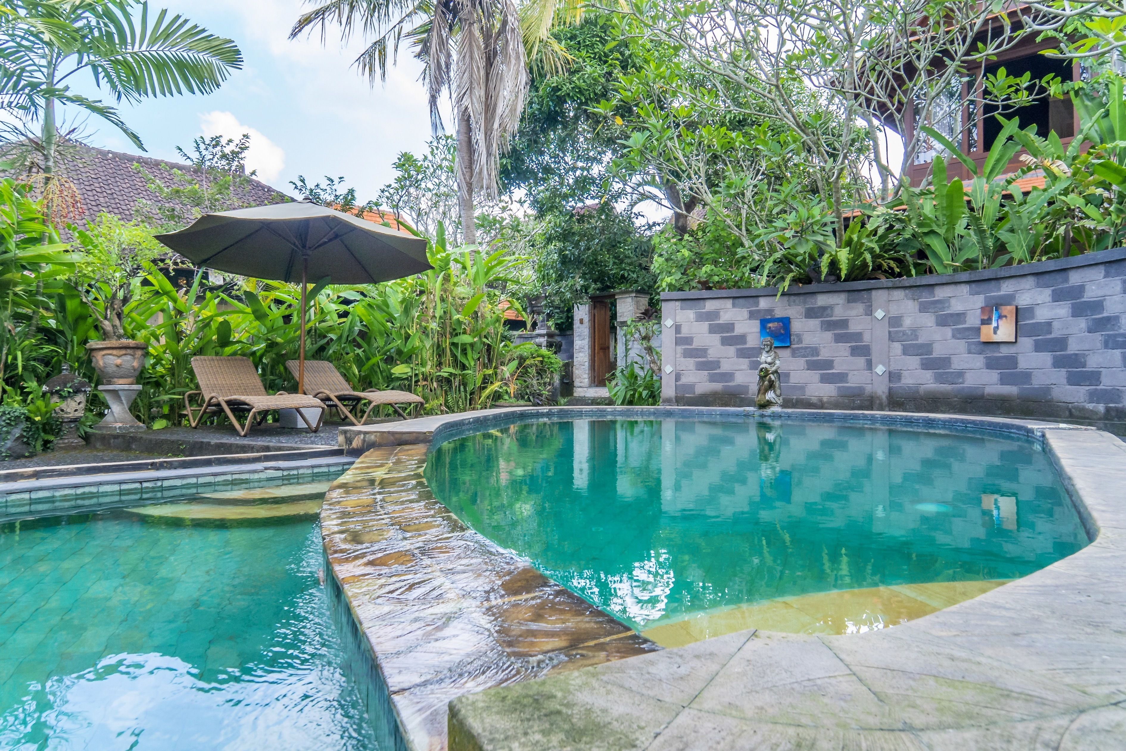 Outdoor pool, pool umbrellas, sun loungers