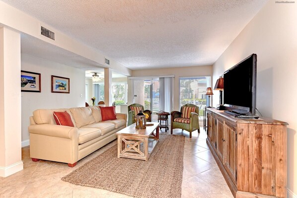 TV, DVD player, books, video library