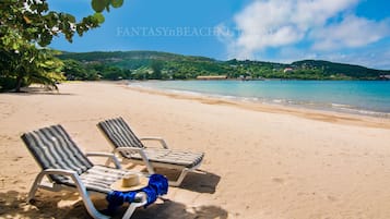 Private beach, sun loungers, beach towels