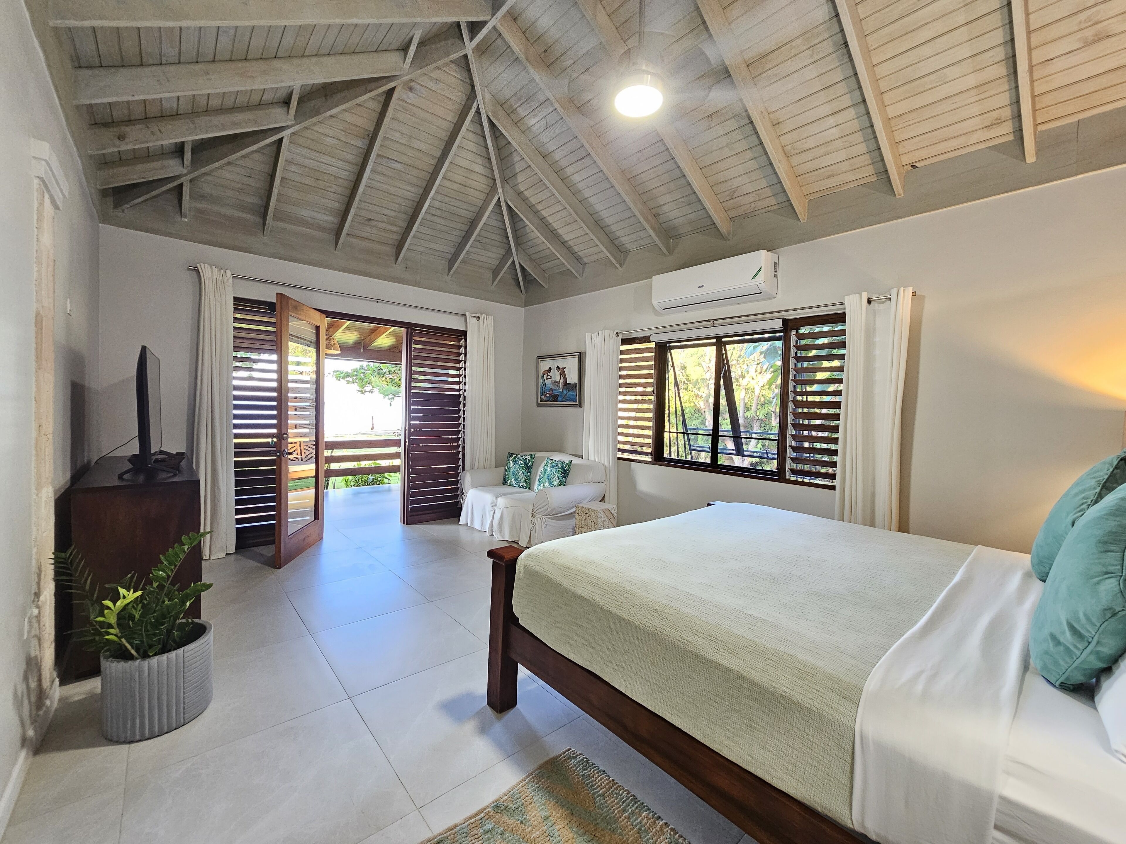 A bedroom with a bed, a TV, a potted plant, and a view of the outside.