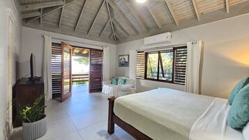 A bedroom with a bed, a TV, a potted plant, and a view of the outside.