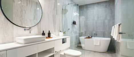 Two Bedroom Pearce Studio | Bathroom | Designer toiletries, hair dryer, bathrobes, slippers