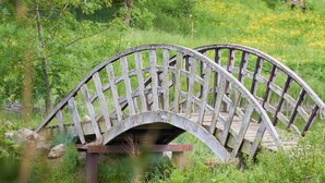A rustic wooden bridge with a simple design, surrounded by lush greenery and wildflowers. - 2-bed Woodland Lodge with private hot tub and expansive views. (Forres)