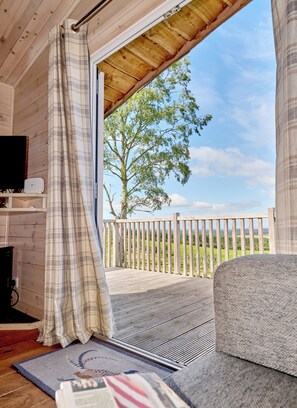 A room with a wooden ceiling, a television on a stand, a plaid curtain, a sofa, and a view of a tree and a fence. - 2-bed Woodland Lodge with private hot tub and expansive views. (Forres)