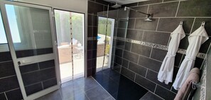 Shower, hair dryer, towels, toilet paper