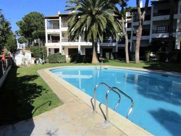 A swimming pool with metal railings, surrounded by a well-maintained lawn and palm trees. - Magnificent apartment in L'Escala  in a beautiful residence  swimming pool (L'Escala)