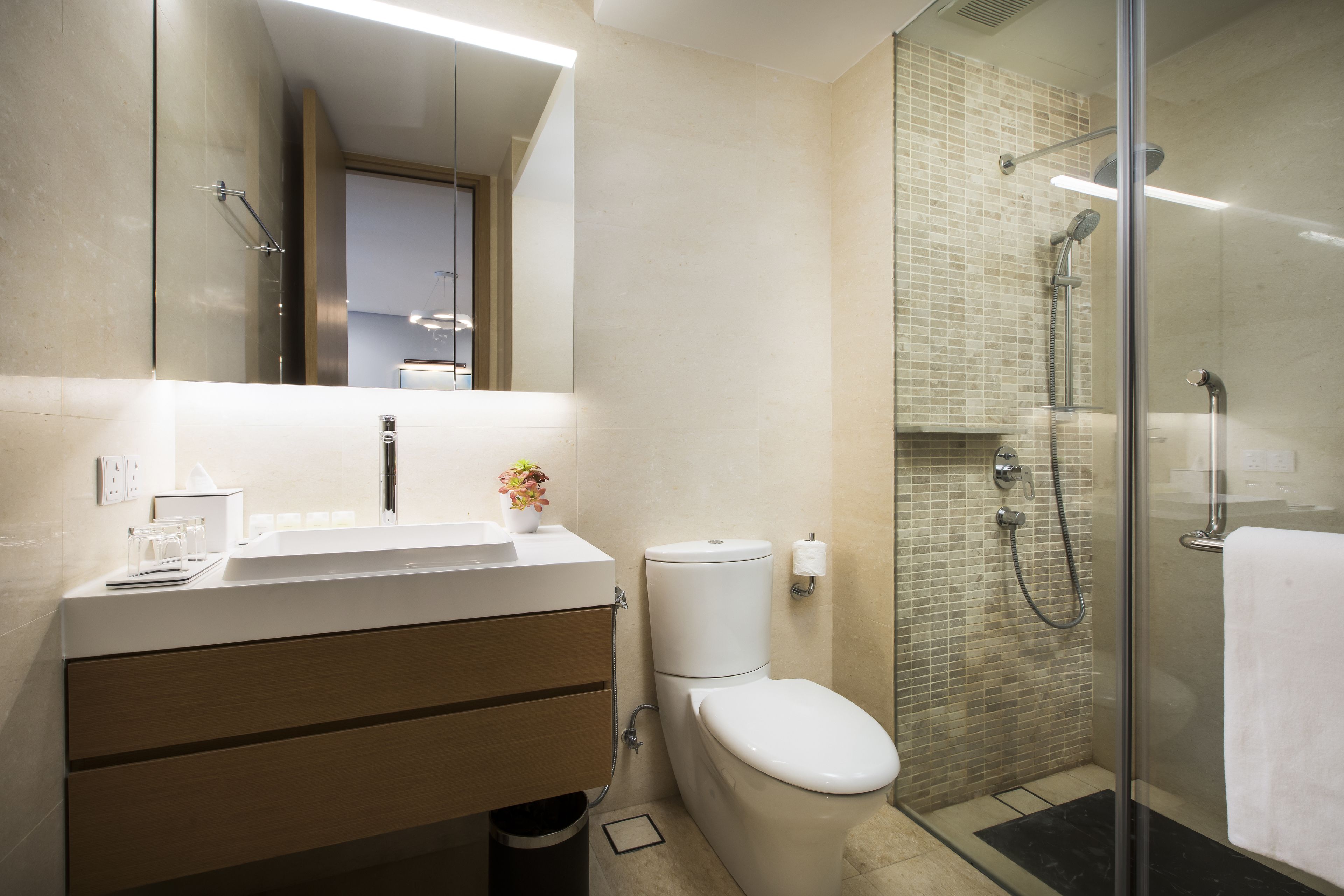 Une salle de bain moderne avec une douche à parois de verre, un lavabo blanc et des toilettes.