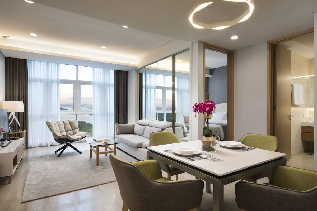 Deluxe Apartment, 1 Bedroom, City View | Living area | 46-inch LED TV with cable channels, TV