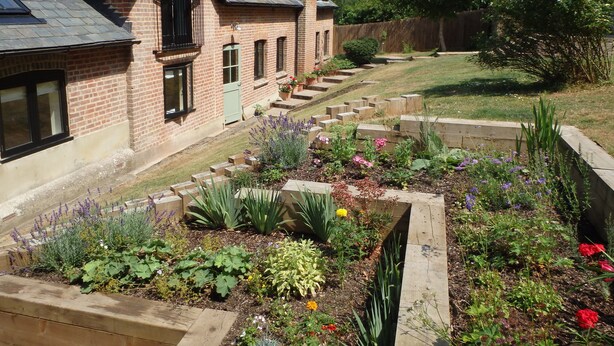 Une maison en briques avec un toit en pente, un petit jardin agrémenté de diverses plantes et fleurs, et une clôture en bois.