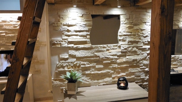 A room with a stone wall, a potted plant, and a candle on a wooden shelf. - Lori's Home near Rome. SPECIAL DISCOUNTS FOR YOU FOR AUTUMN AND WINTER. (Nettuno)
