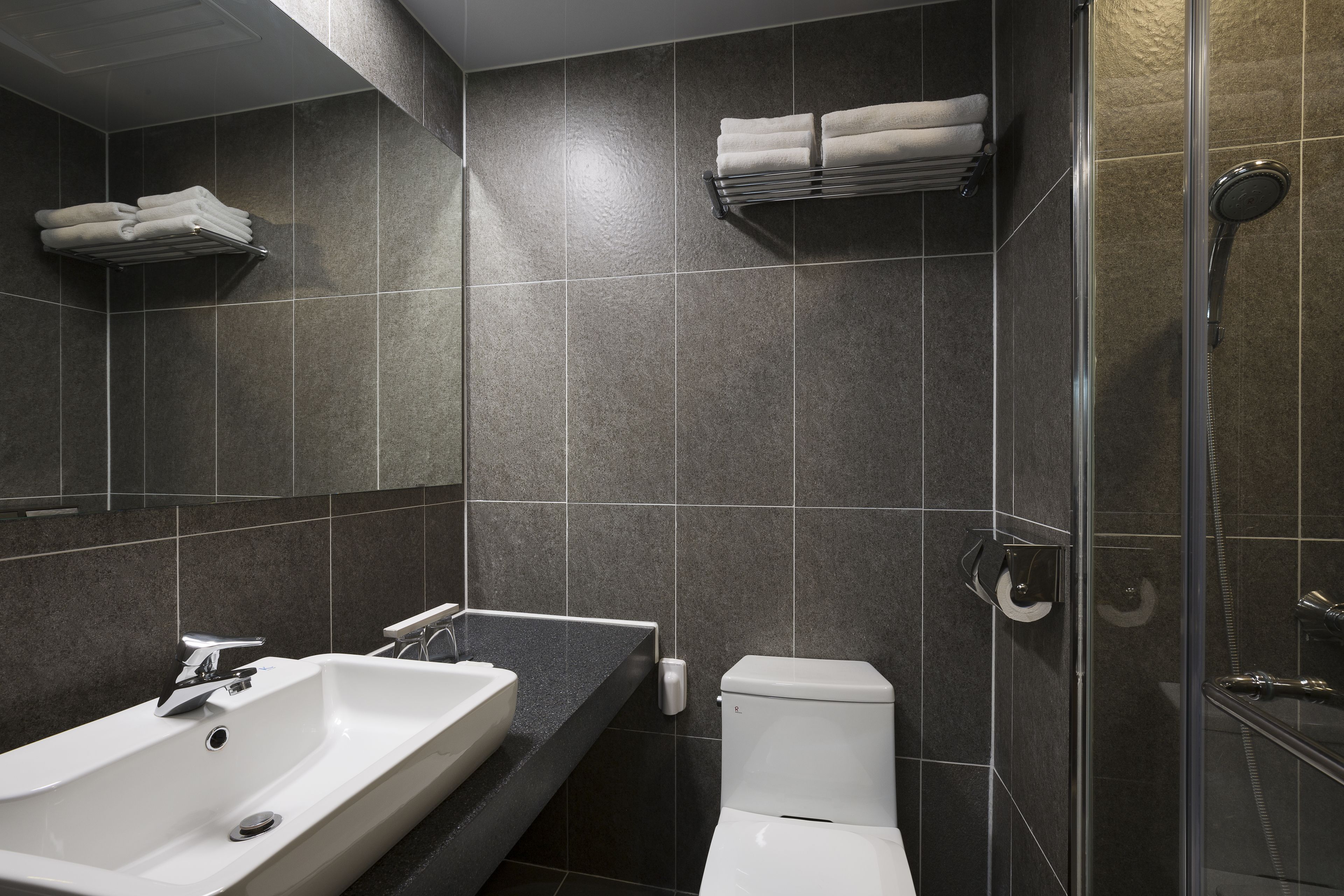 shower, slippers, towels