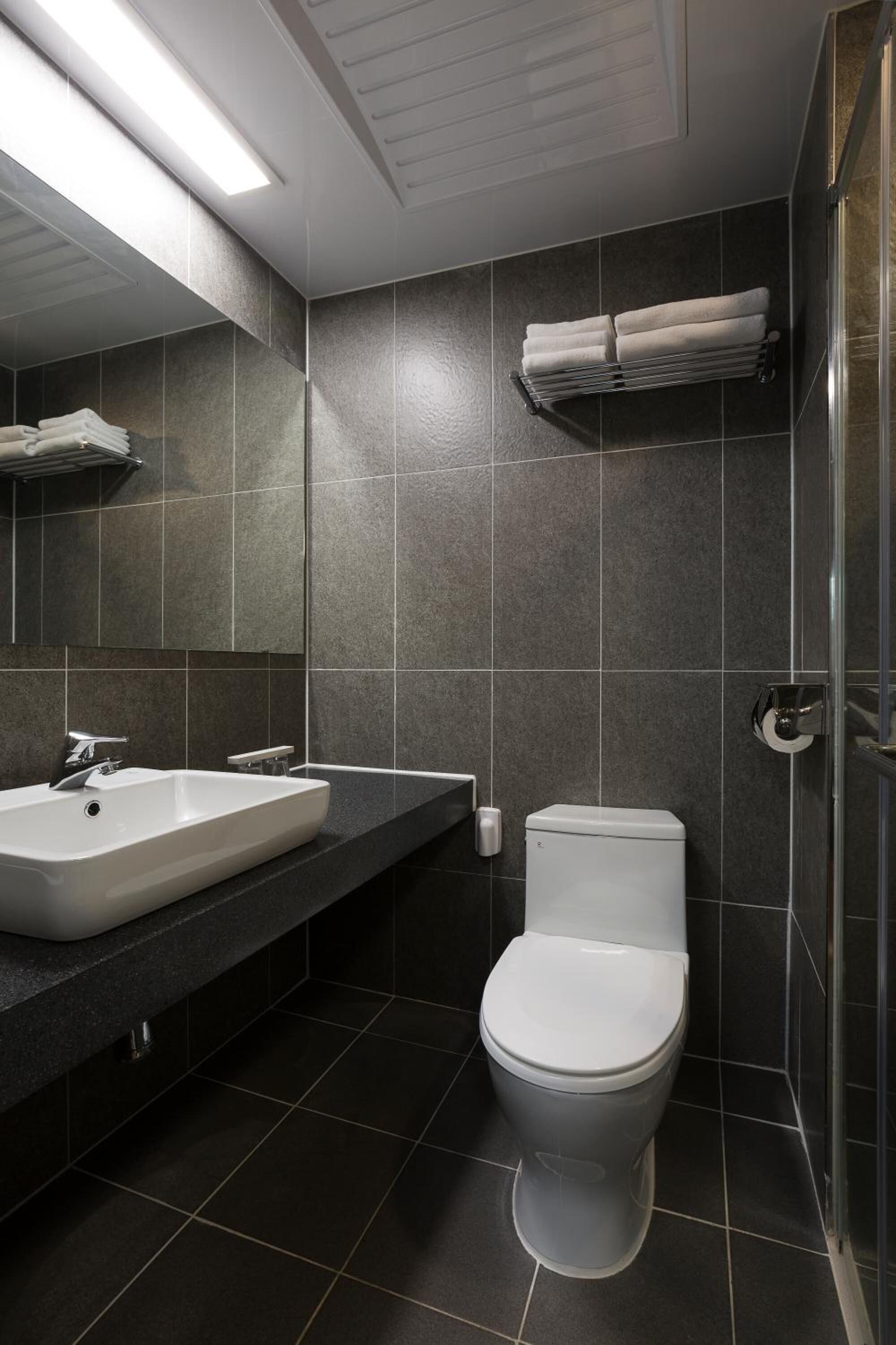 shower, slippers, towels