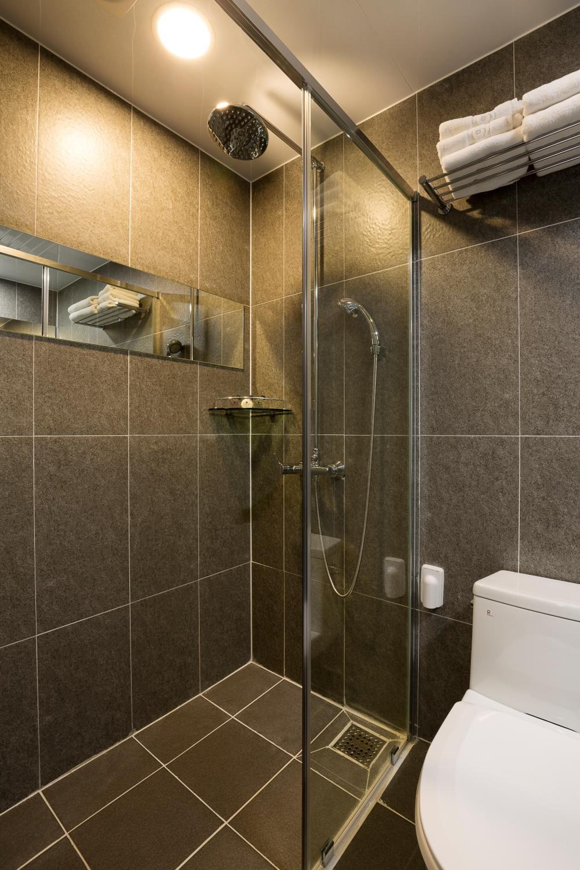 shower, slippers, towels