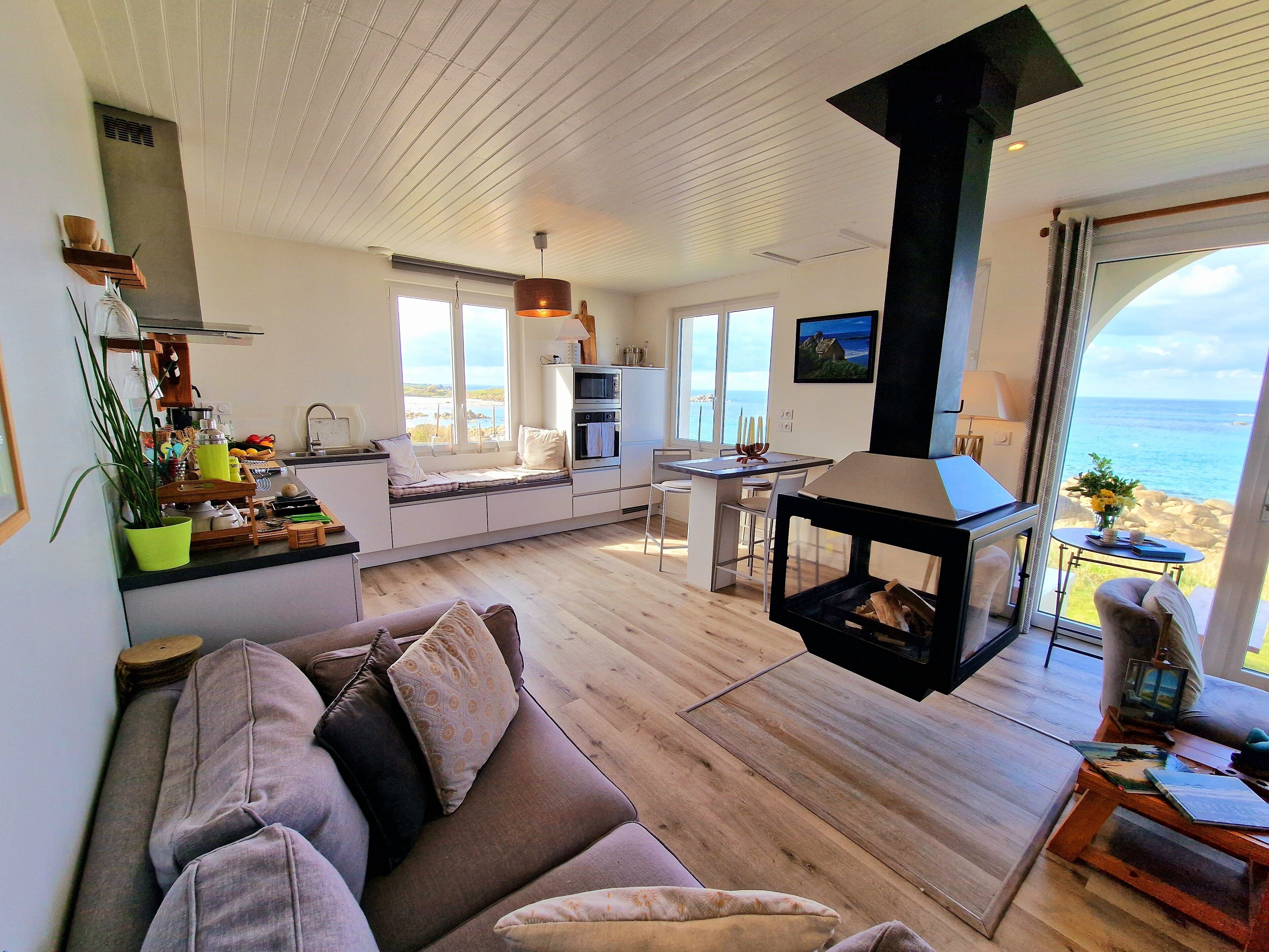 Télévision, cheminée, lecteur de DVD, vidéothèque