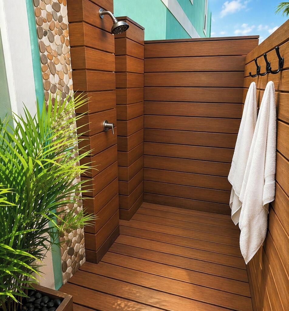 A wooden shower enclosure with a built-in showerhead, a towel rack, and a potted plant.