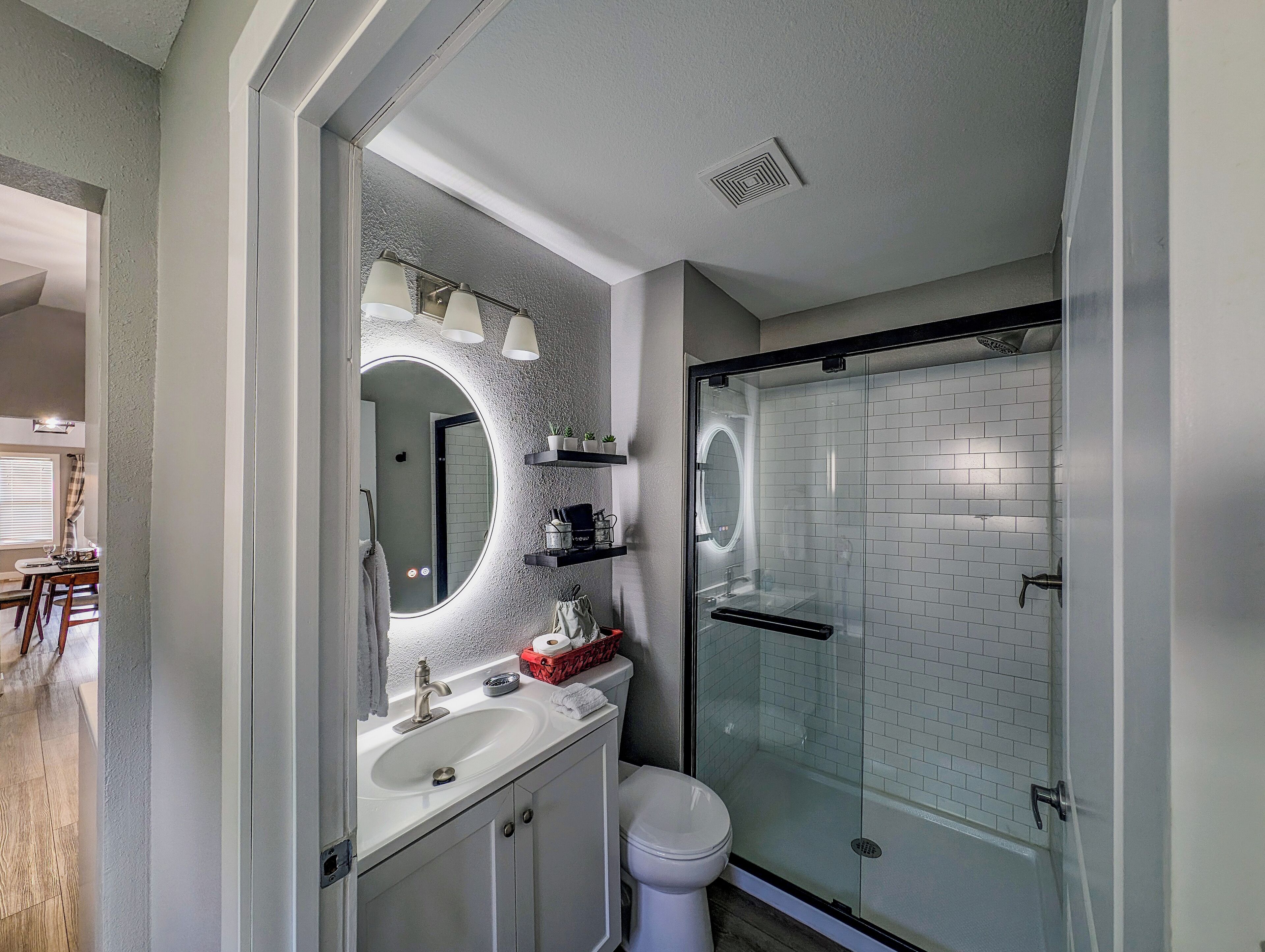 Bathtub, hair dryer, towels, soap