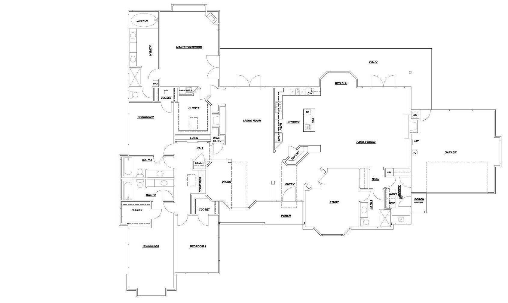 En plantegning der viser et soveværelse, to værelser, en stue, spiseområde, køkken, opholdsstue, terrasse, garage, arbejdsstue og et badeværelse.