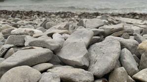 Une plage rocheuse avec des vagues en arrière-plan.