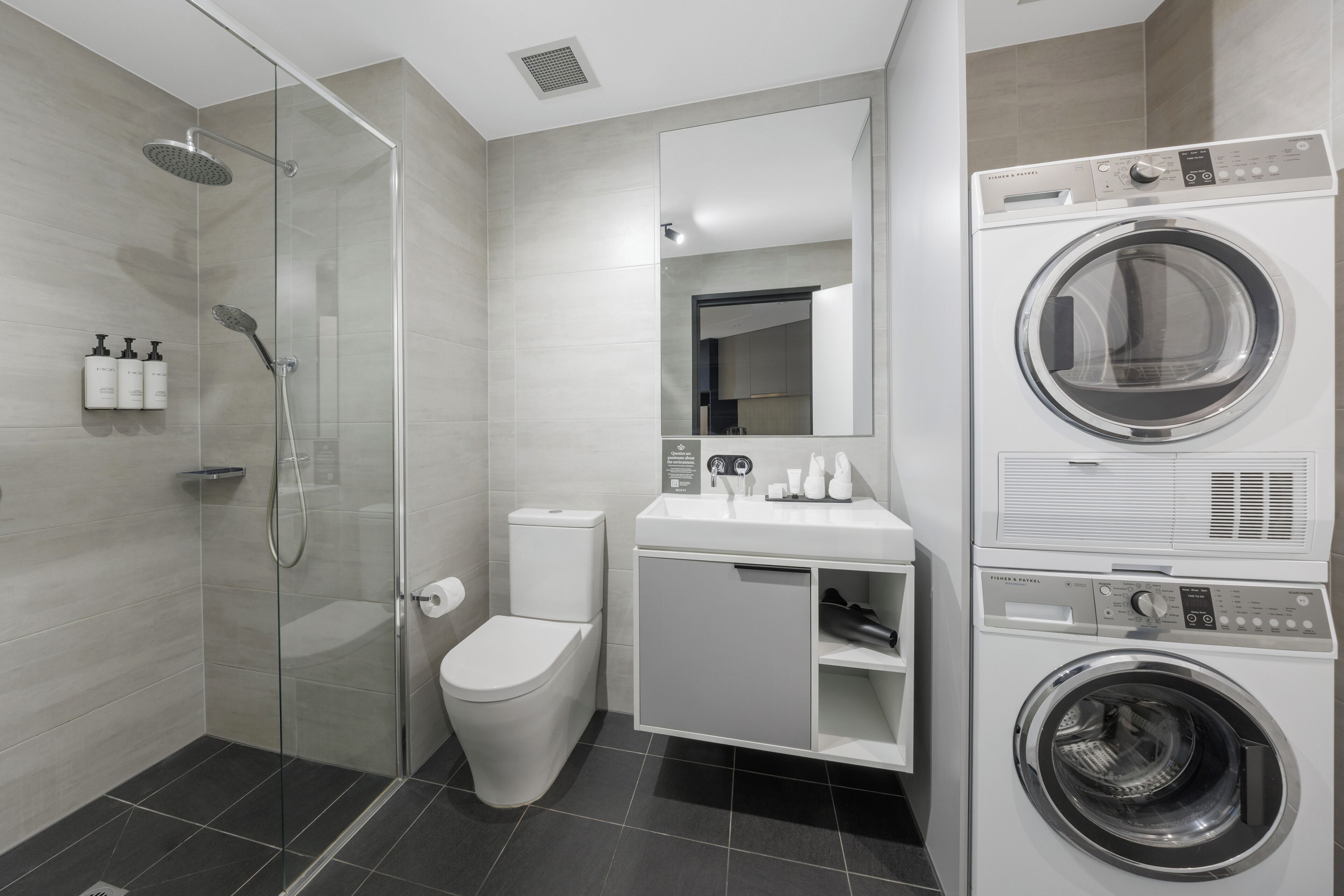 Shower, free toiletries, hair dryer, towels