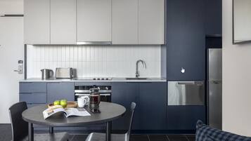 Fridge, microwave, coffee/tea maker, electric kettle