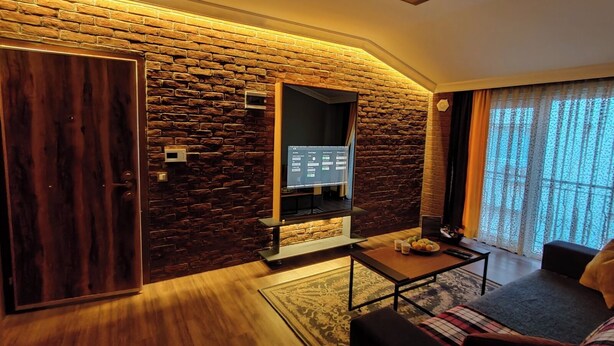 A modern living room with a stone wall, a wooden door, a flat-screen TV, a coffee table, and a sofa. - Concept House (Ankara)