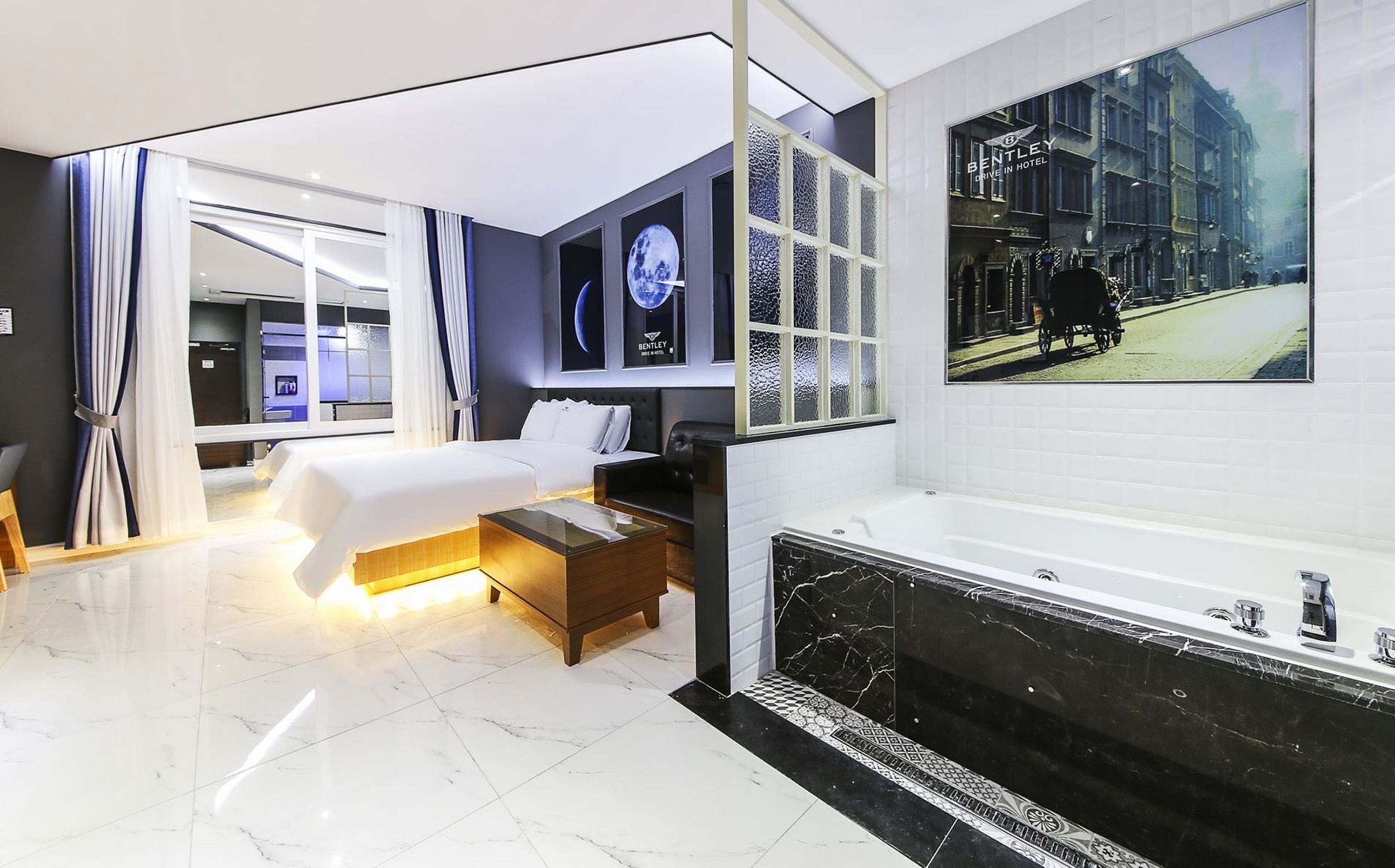 Desk, laptop workspace, blackout curtains, free WiFi