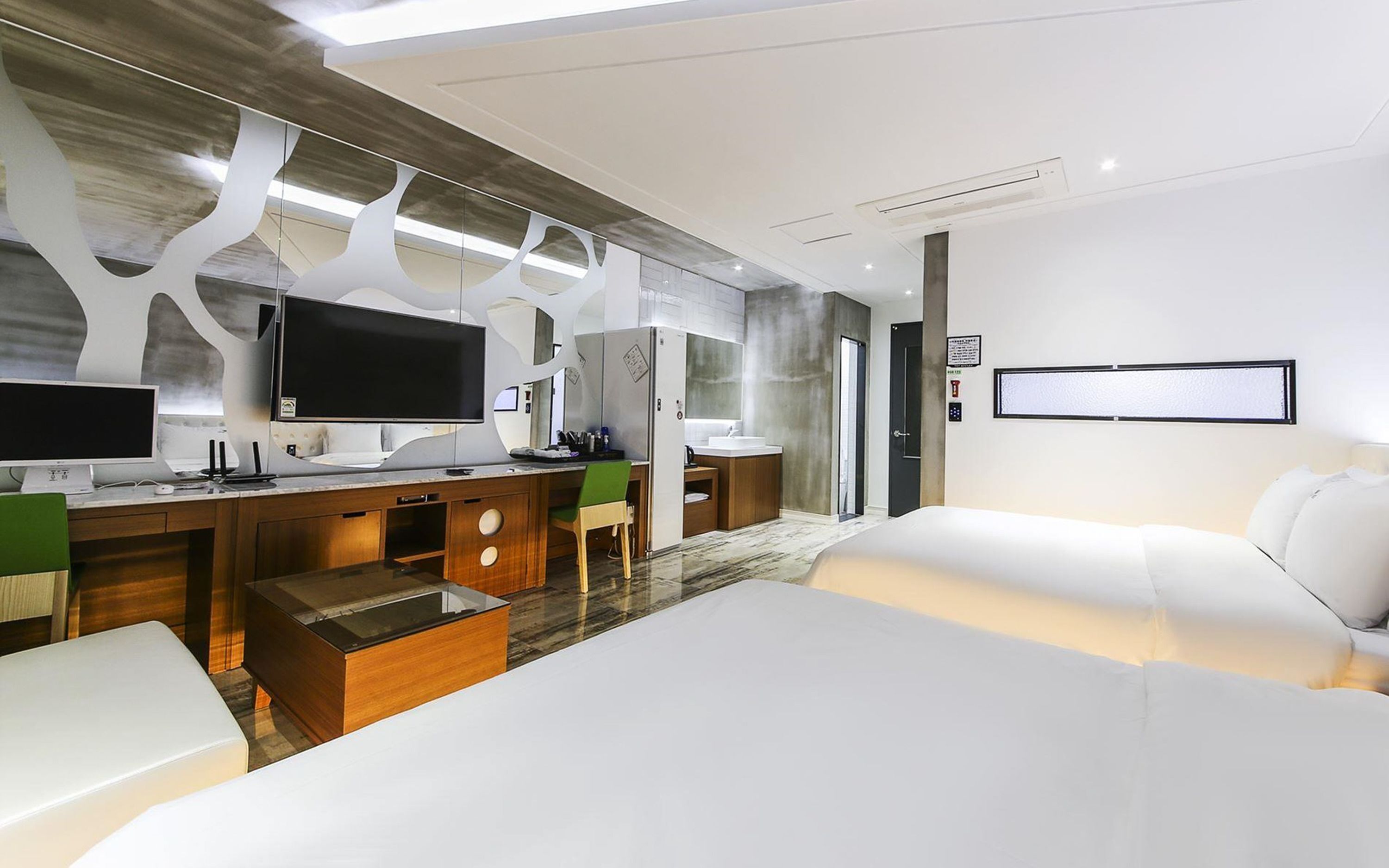 Desk, laptop workspace, blackout curtains, free WiFi